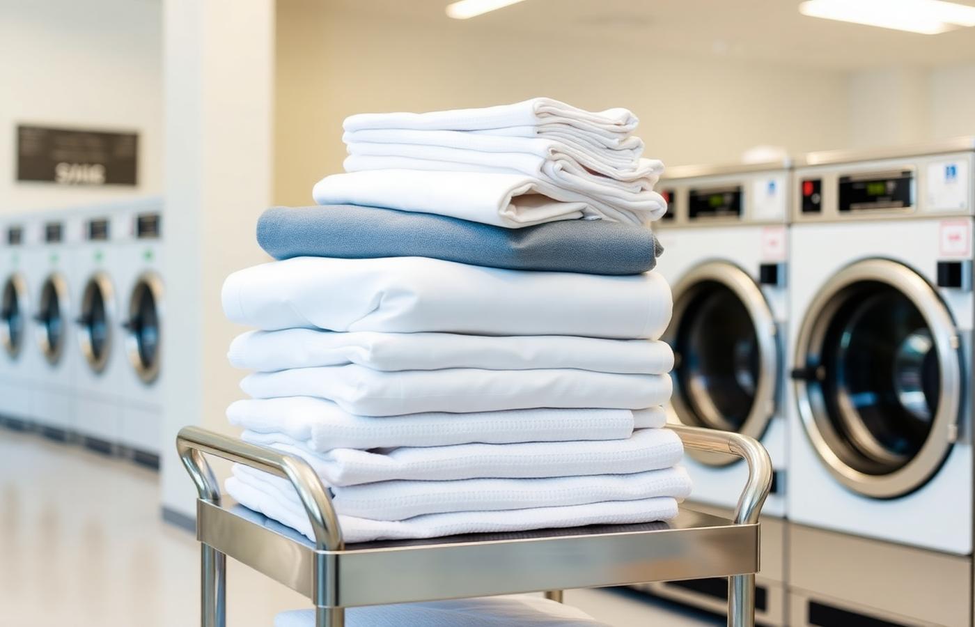Stack of folded commercial linens on a stainless cart