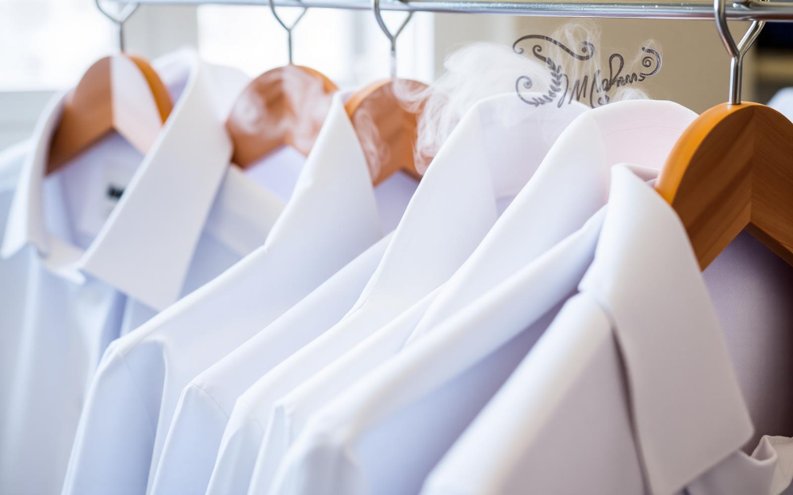 Freshly pressed shirts on wooden hangers in garment covers