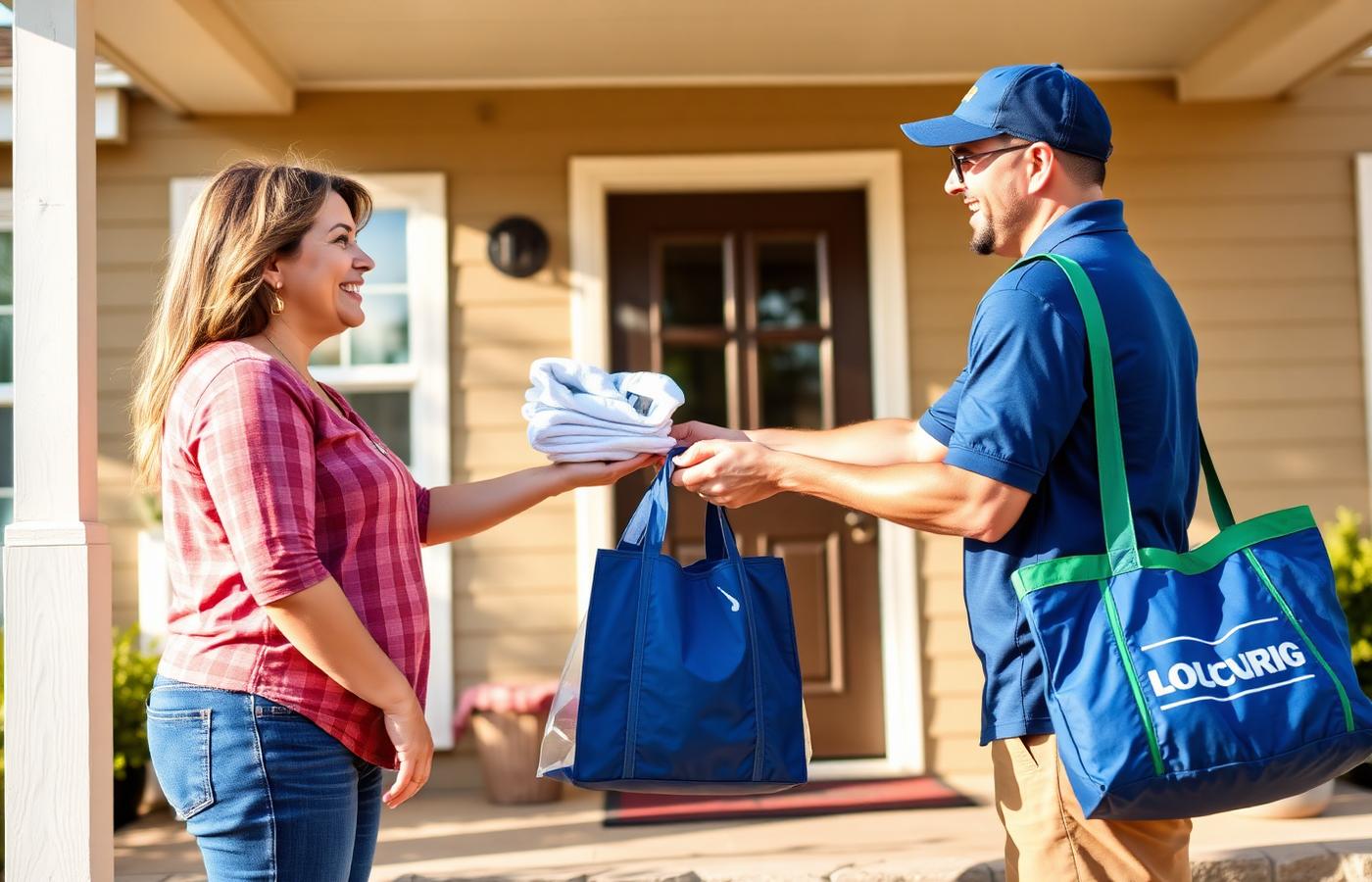 MCL delivery attendant handing folded laundry to a customer at their door