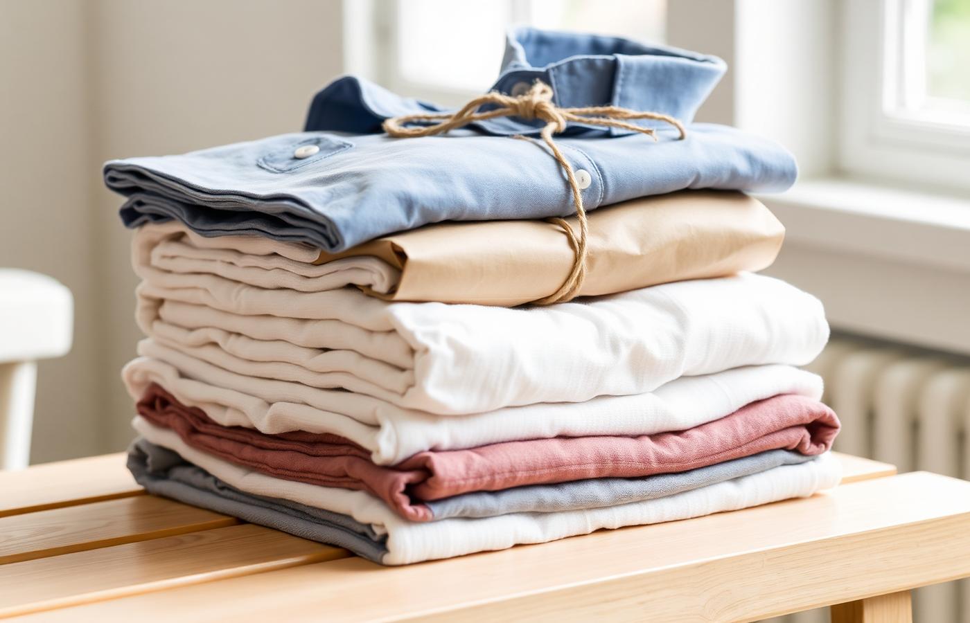 Neatly folded fresh laundry stacked on a light wood table